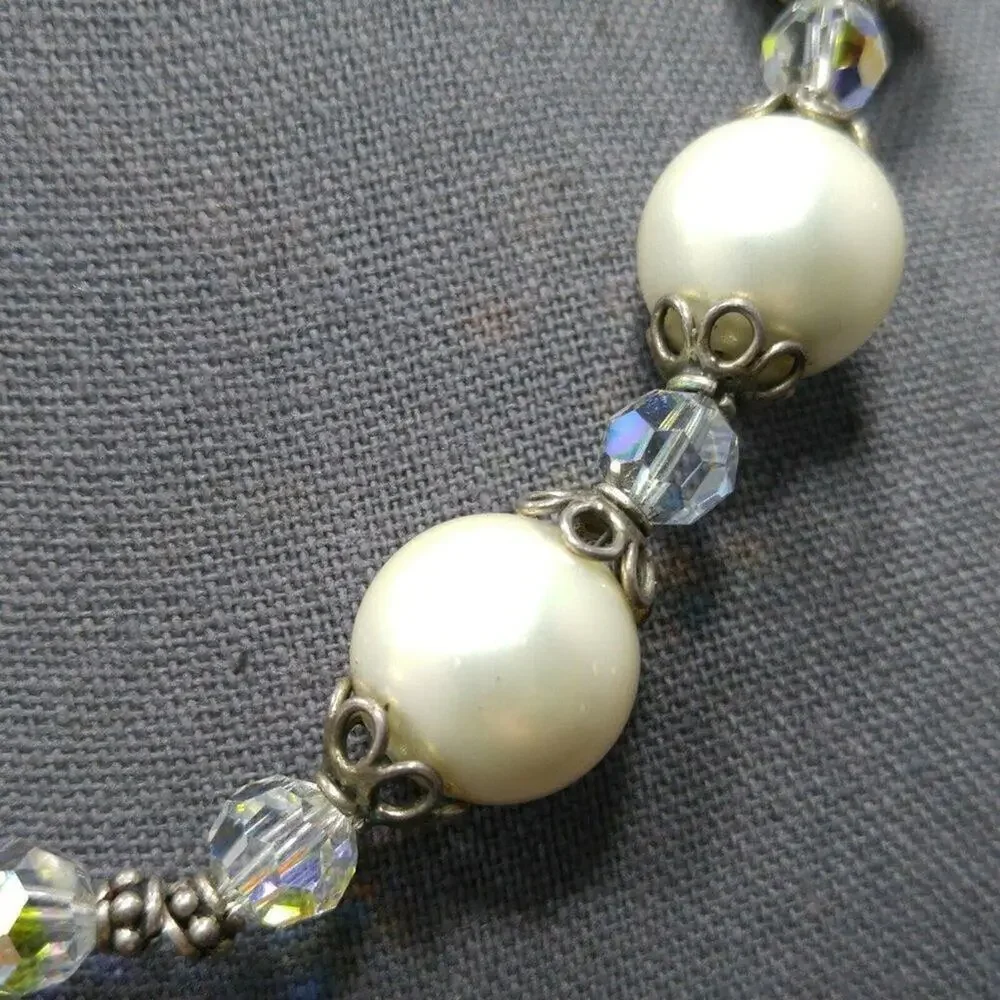 Vintage Glass Pearls Crystal Beaded Necklace, Silver Clasp, Strung on Wire, 17